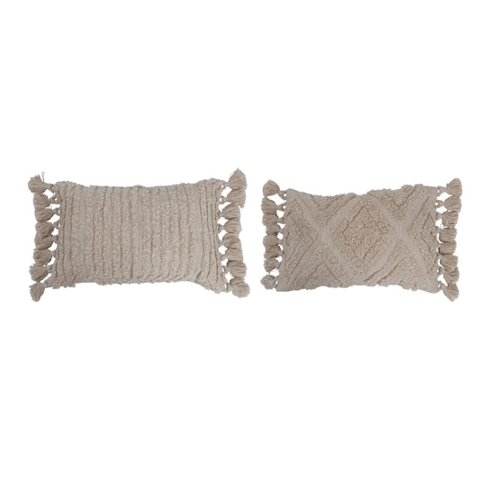 Woven Cotton Slub Lumbar Pillow w/ Tufted Design & Tassels, 2 Styles, Down Fill