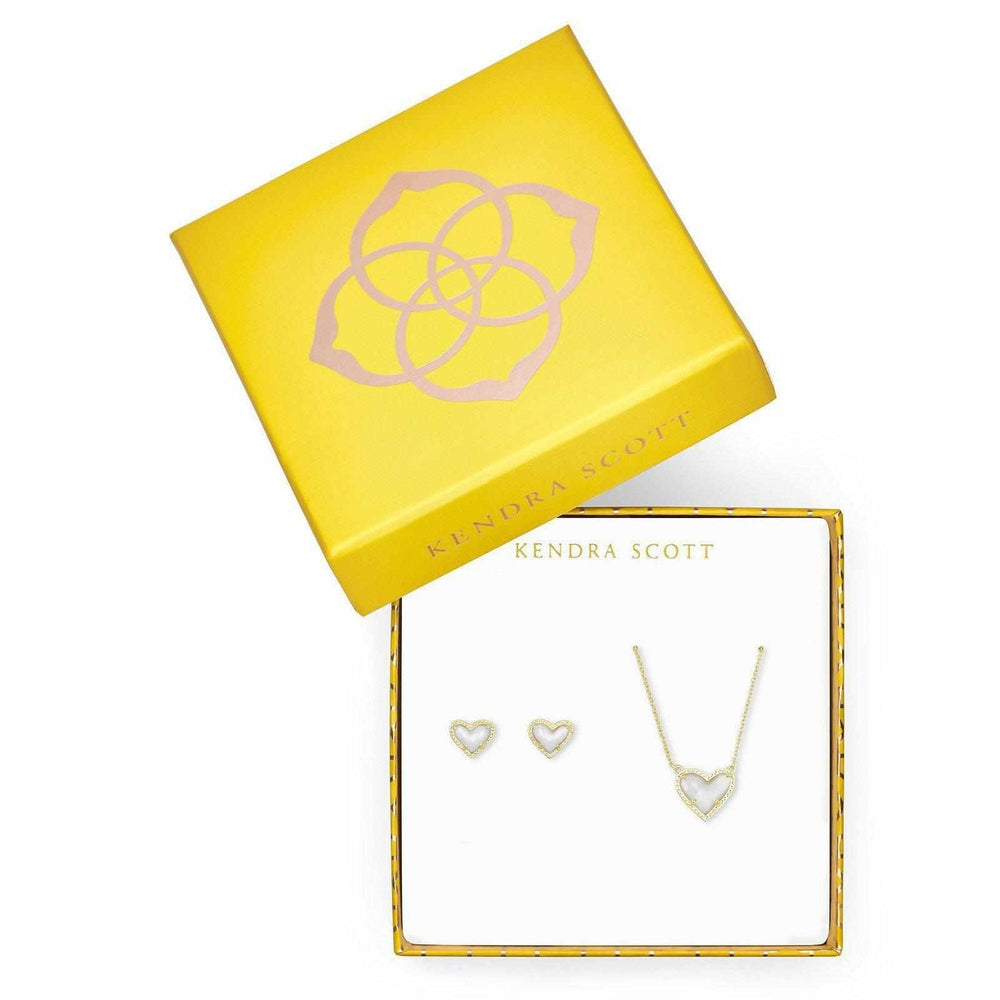 Kendra Scott Ari Heart Pendant & Stud Gift Set in Gold Light Pink Kyocera Opal