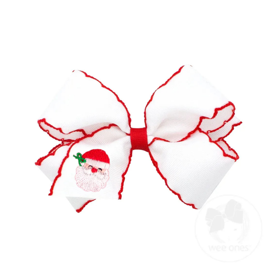 Grosgrain Hair Bow with Moonstitch Edge and Santa Embroidery