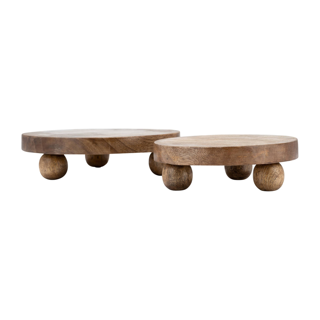 Mango Wood Round Riser Trays, Set of 2 - Brown, 8/10 in.