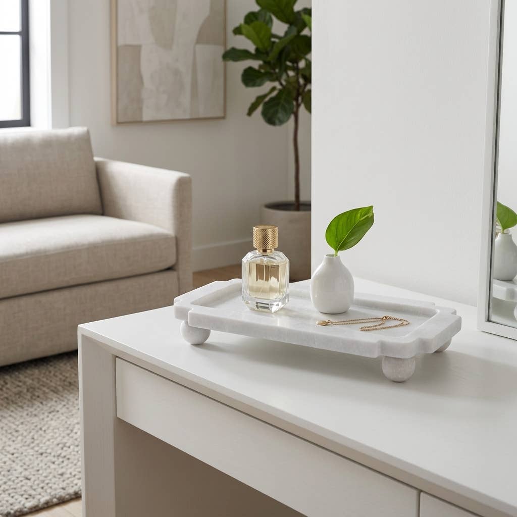 Decorative Tray - White Marble with Rounded Ball Feet, 13 in.
