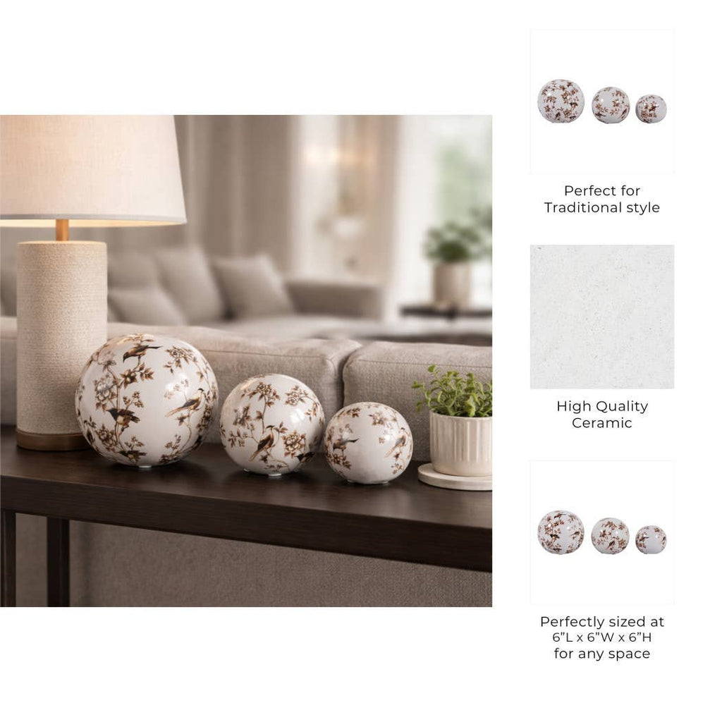 Objects Set of 3 - Brown/White Ceramic Birds Orbs, 4/5/6 in.