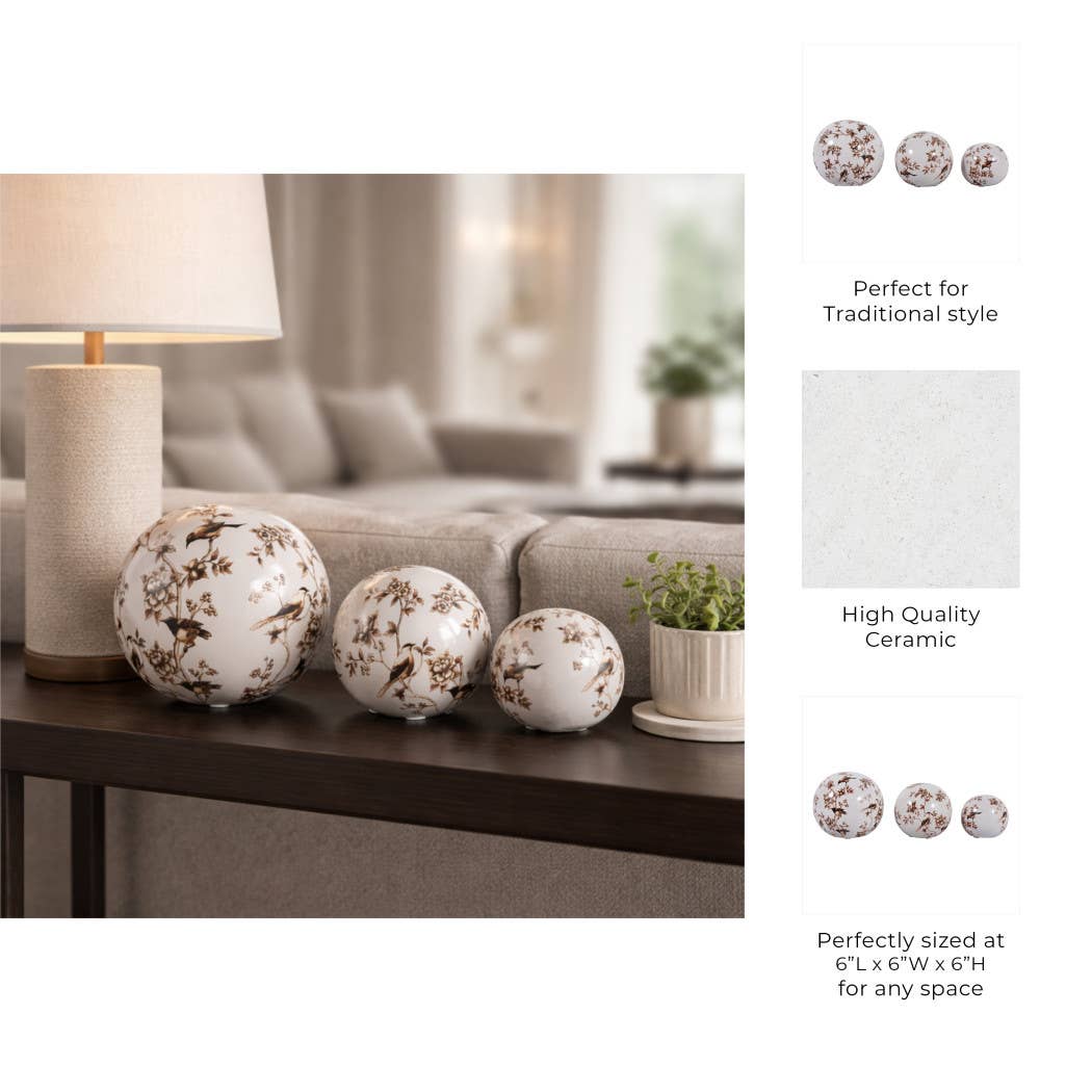 Objects Set of 3 - Brown/White Ceramic Birds Orbs, 4/5/6 in.