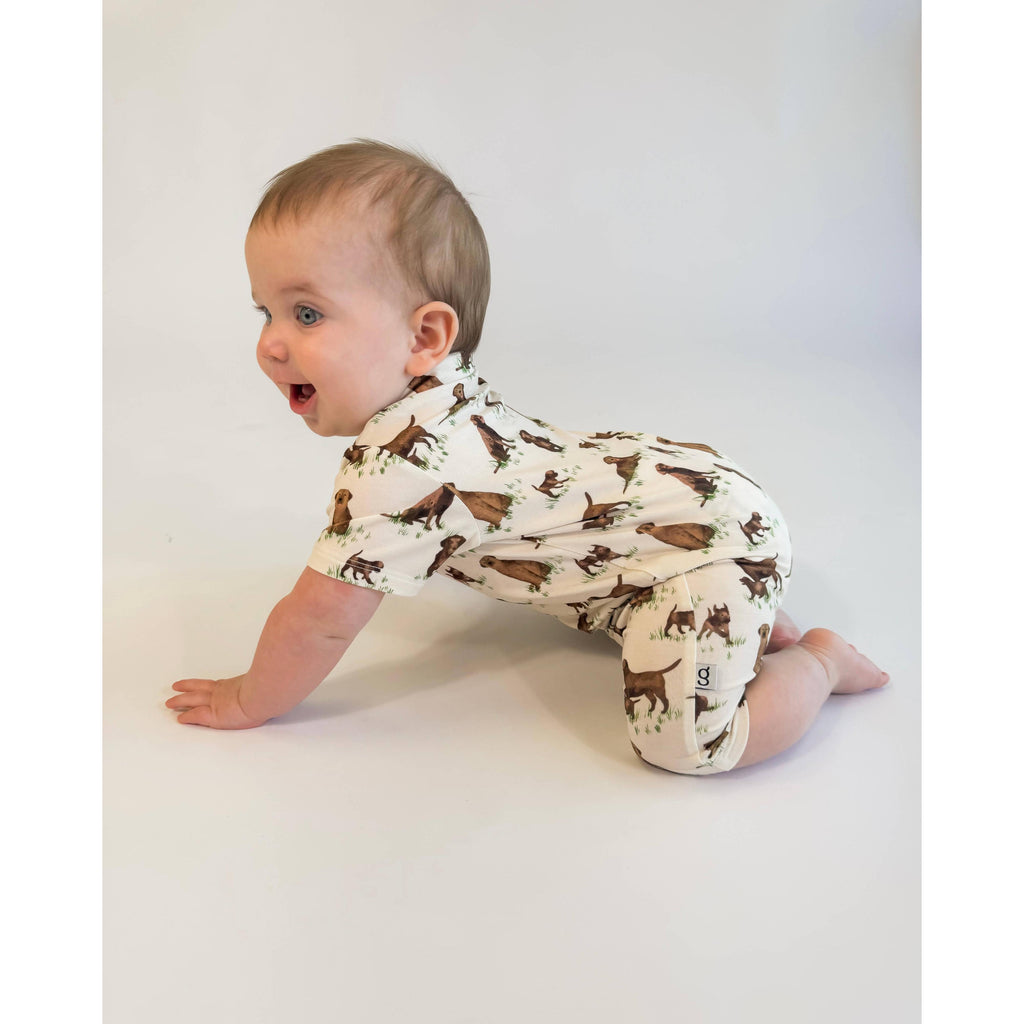 Short Sleeve Polo Romper, Chocolate Labs
