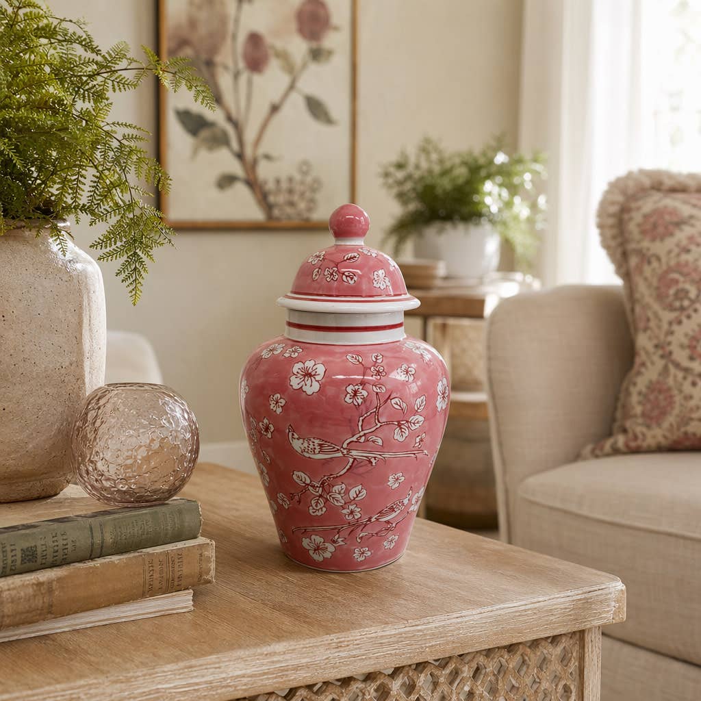Decorative Jar - Pink/White Ceramic Floral Chinoiserie, 14 in.