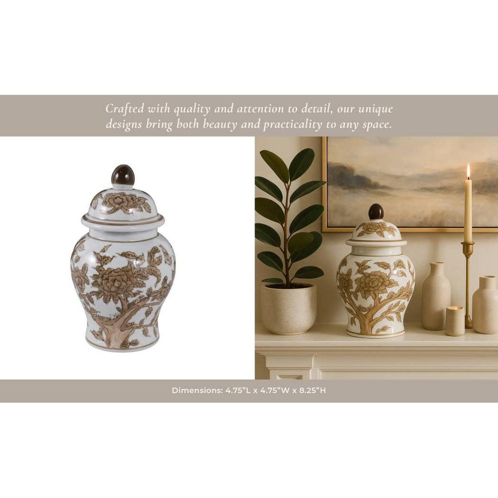 Decorative Vase - Brown & White Ceramic Jar with Lid, 8 in.