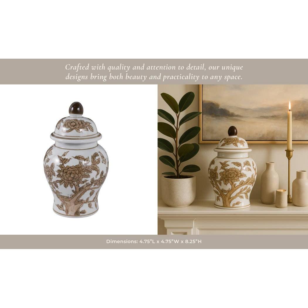 Decorative Vase - Brown & White Ceramic Jar with Lid, 8 in.