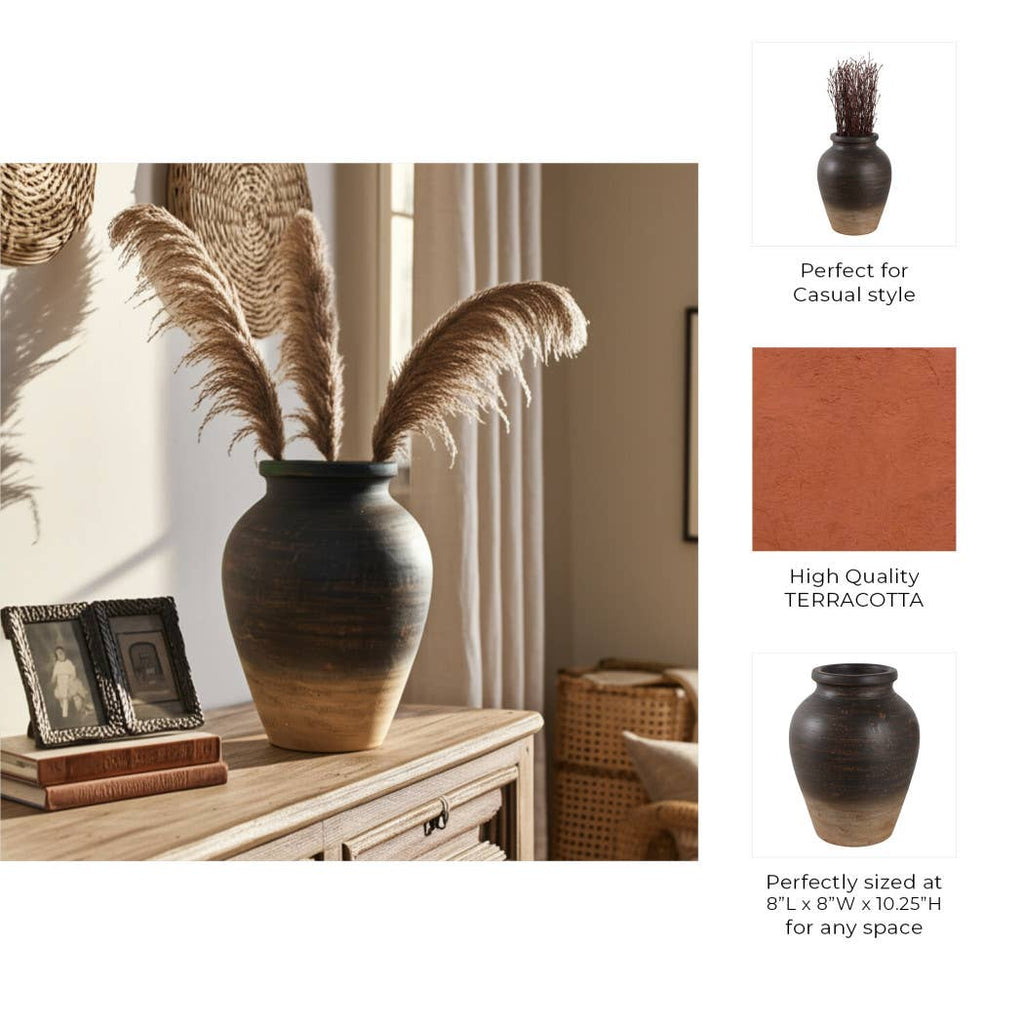 Decorative Vase - Chocolate Brown Ceramic Pottery Jug, 10 in.