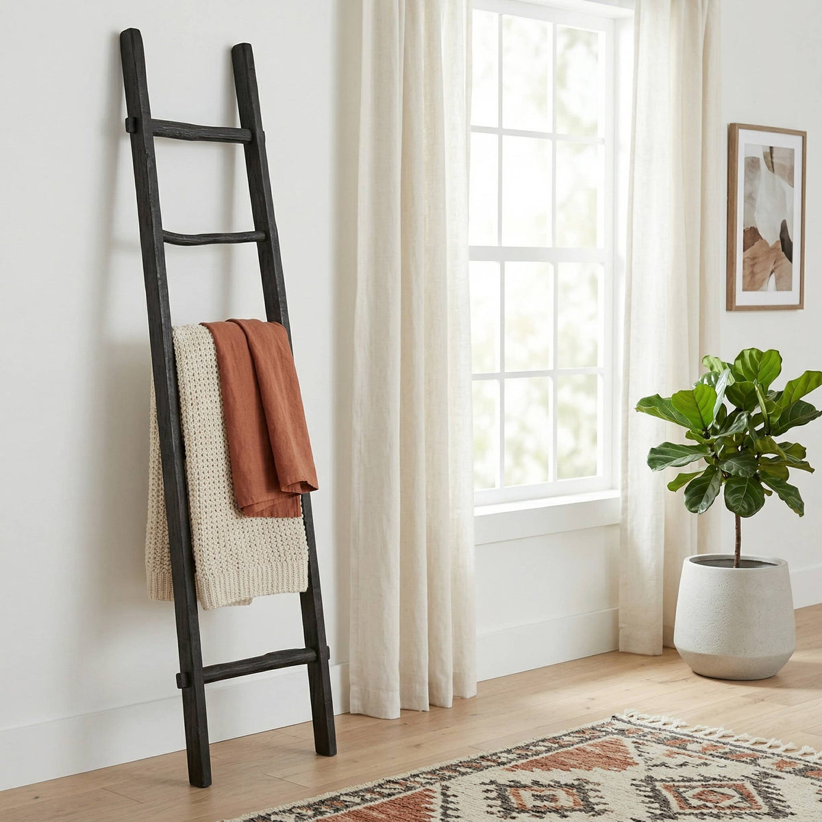 Wood Freestanding Decorative Blanket Ladder - Black, 76 in.