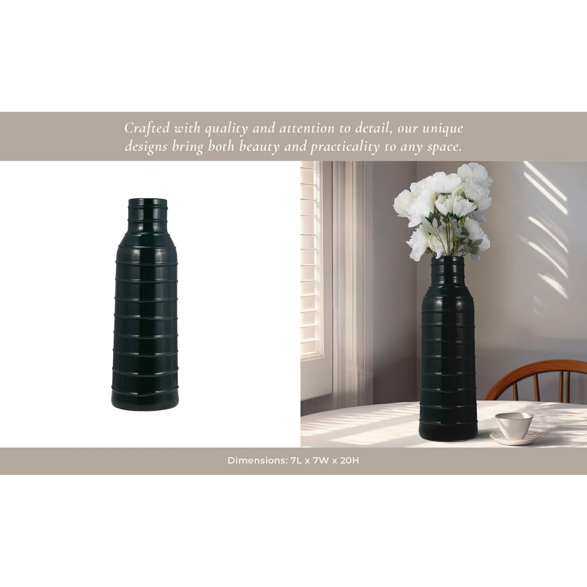 Forest Green Vertically Ribbed Ceramic Vase, 20 in.