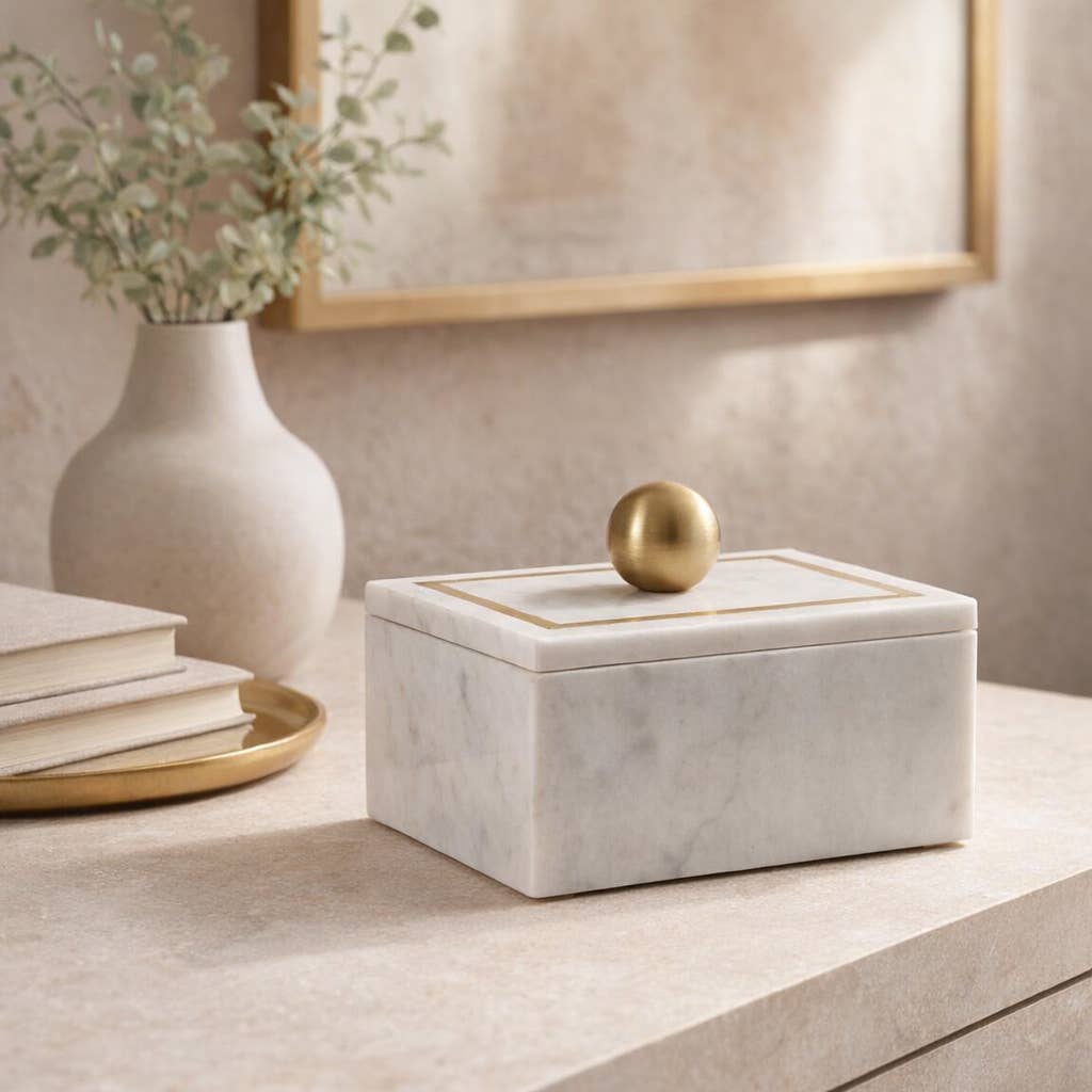 Marble Rectangular Box with Removable Lid - White, 7 in.