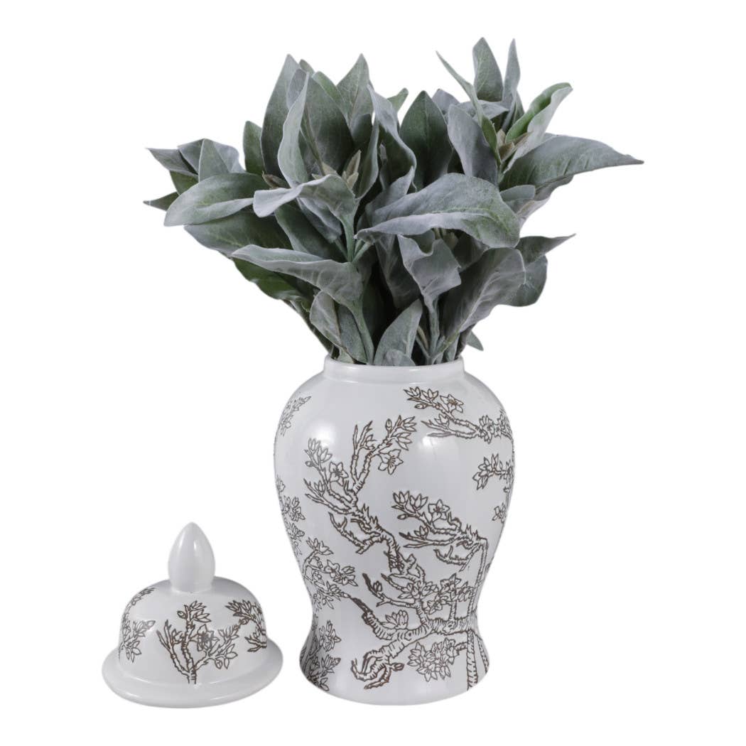 Temple Jar - White/Brown Ceramic Cherry Blossom, 15 in.