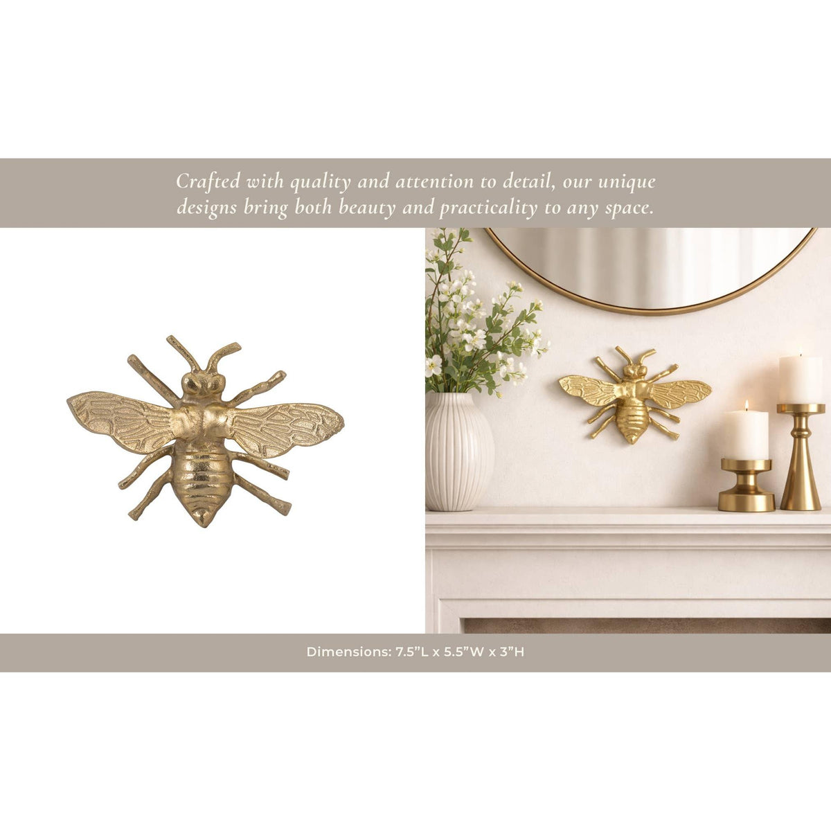 Decorative Figurine - Gold Metal Decorative Busy Bee, 8 in.