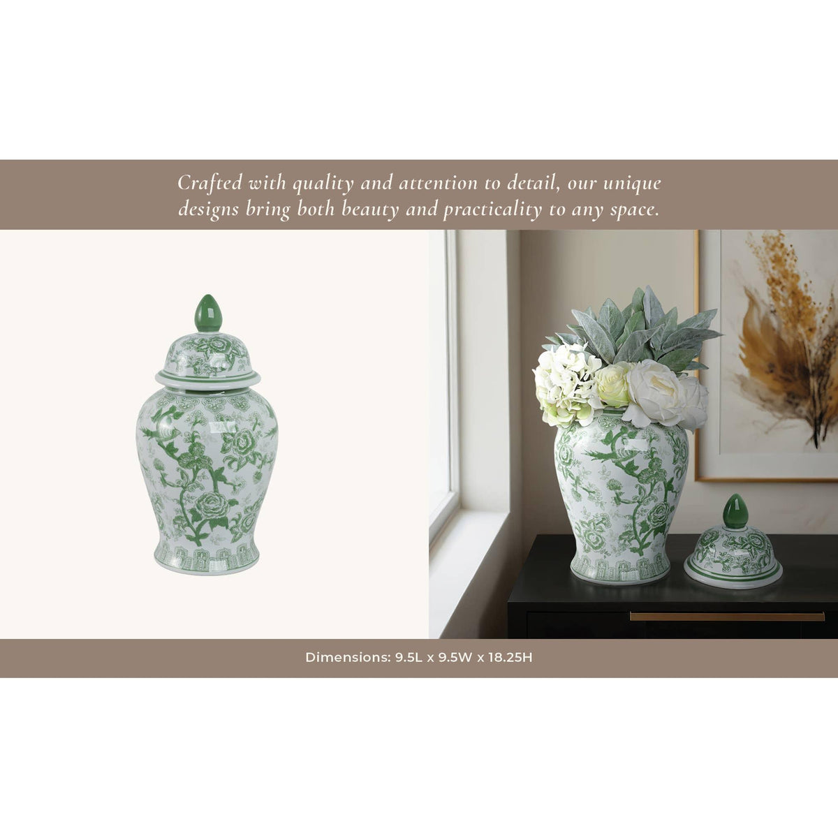 Green Tall Bird and Flower Ceramic Jar, 18 in.