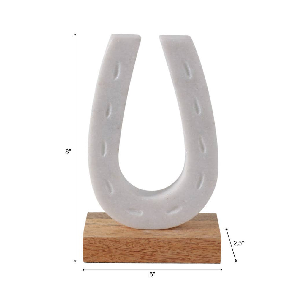 White and Brown Marble Horseshoe Figurine on Wood Base, 8 in.