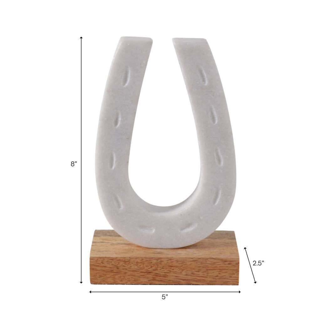 White and Brown Marble Horseshoe Figurine on Wood Base, 8 in.