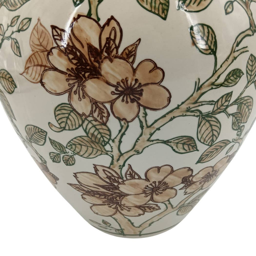 Brown and Green Cherry Blossom Ceramic Vase, 13.5 in.