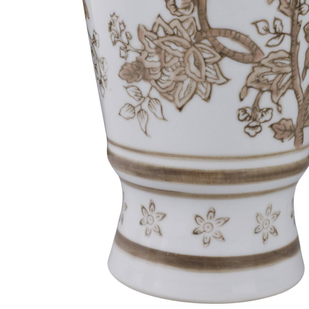 Decorative Vase - Brown/White Ceramic Bird and Vines, 12 in.