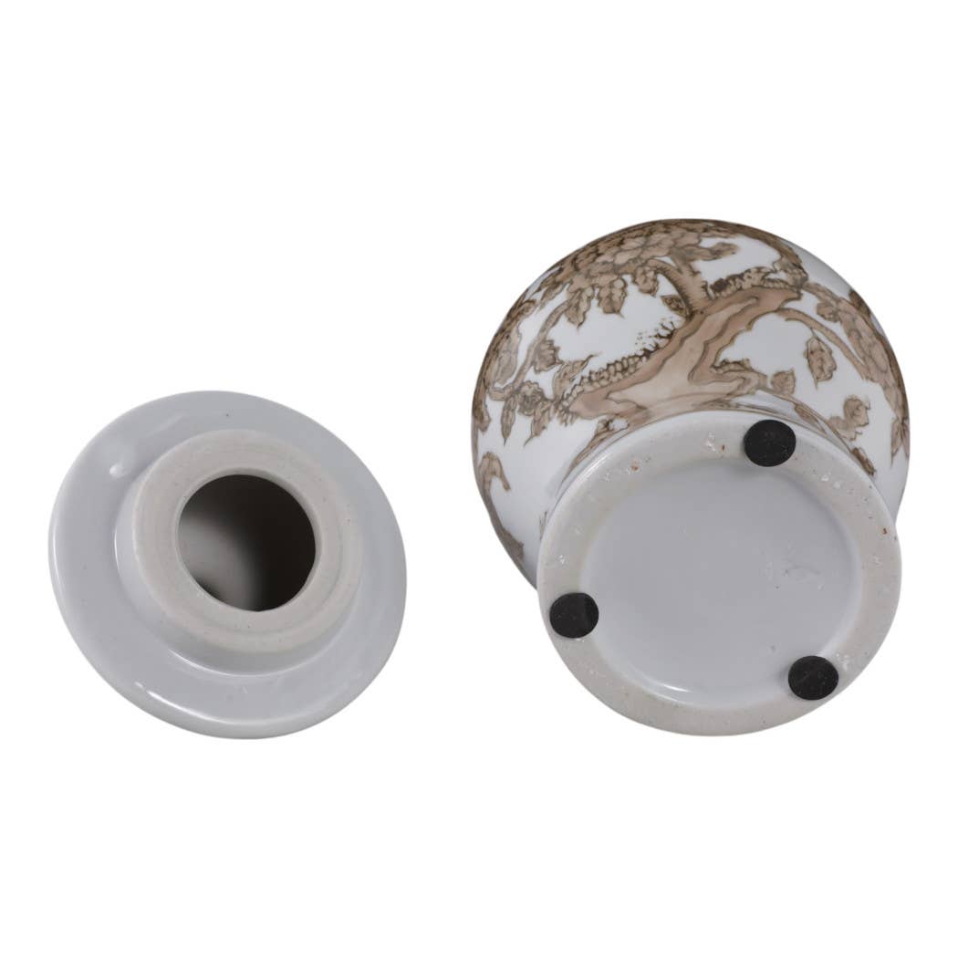 Decorative Vase - Brown & White Ceramic Jar with Lid, 8 in.
