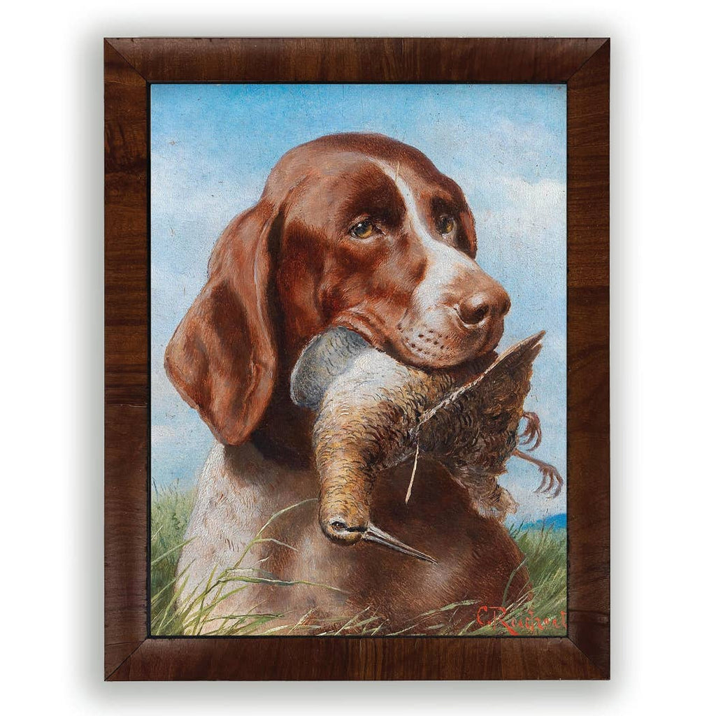 Hunting Dog & Bird Framed Print by Antique Curiosities Inc
