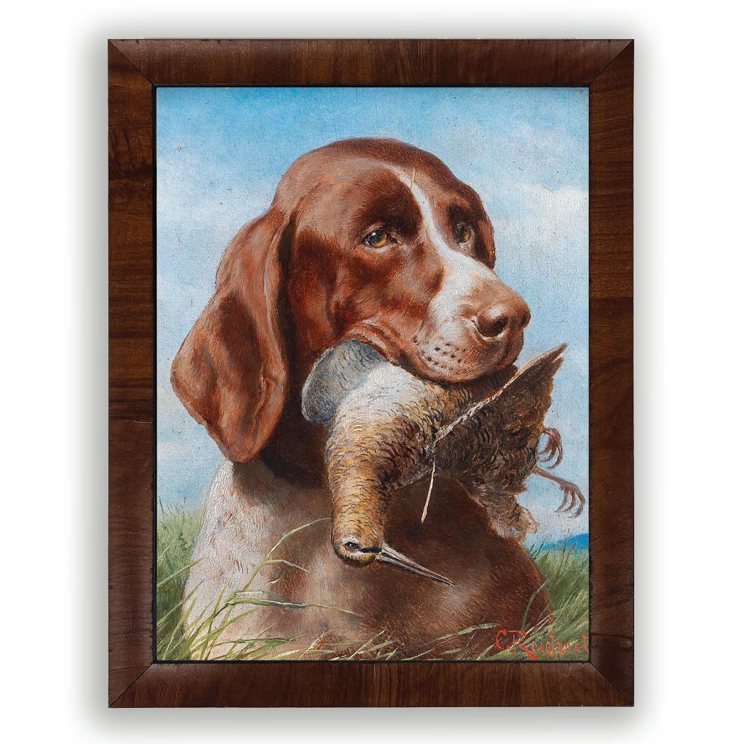 Hunting Dog & Bird Framed Print by Antique Curiosities Inc
