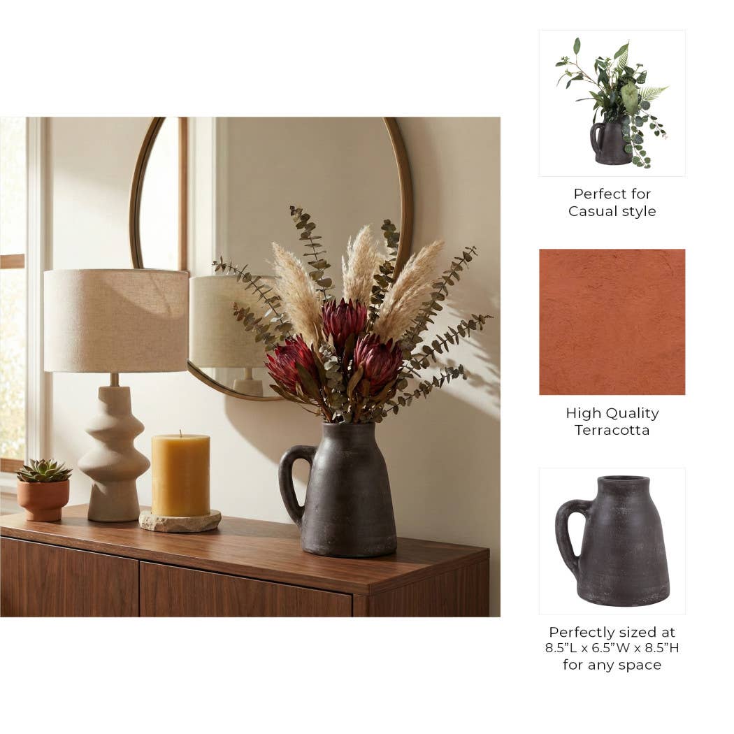 Decorative Vase - Brown Ceramic Handmade with Handle, 8 in.