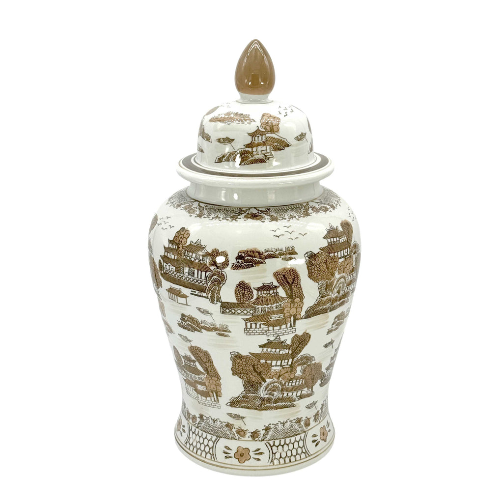 Brown & White Landscape Chinoiserie Ceramic Jar 25"