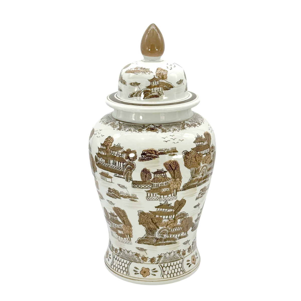 Brown & White Landscape Chinoiserie Ceramic Jar 25"