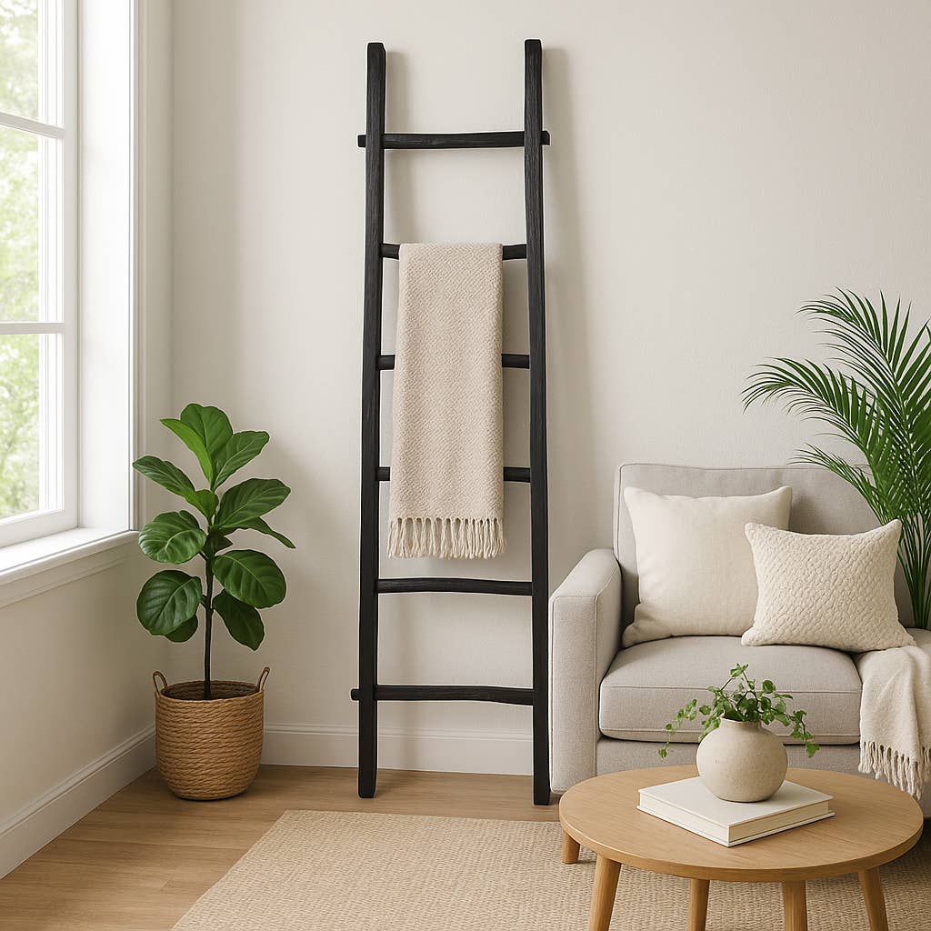 Wood Freestanding Decorative Blanket Ladder - Black, 76 in.