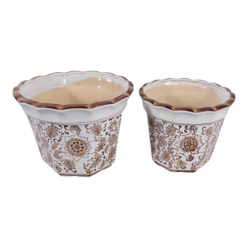 Plant Pot Set of 2 - Brown Ceramic Round Chinoiserie, 10/12 in