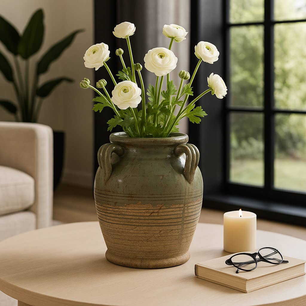 Decorative Vase - Green Ceramic Amphora with Handles, 9 in.