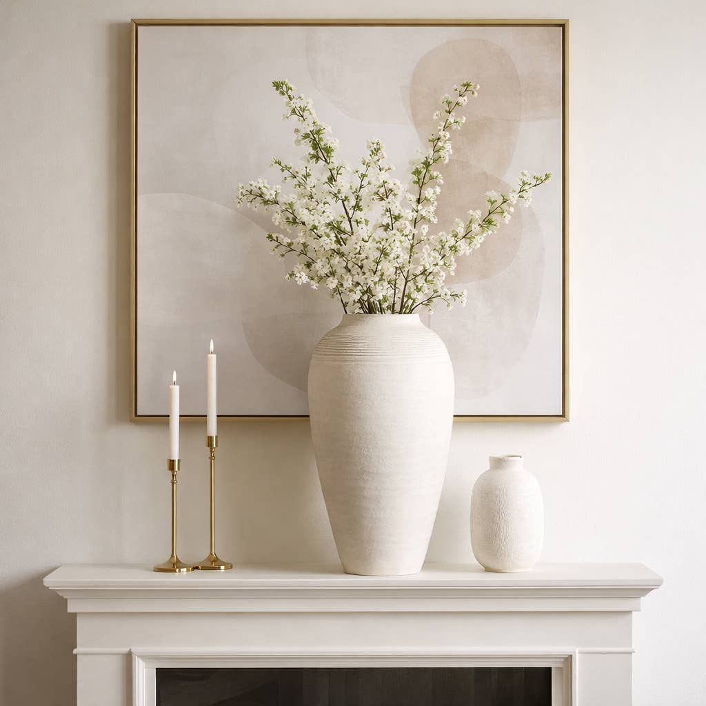 Ivory Ribbed Terracotta Floor Vase, 16 in.