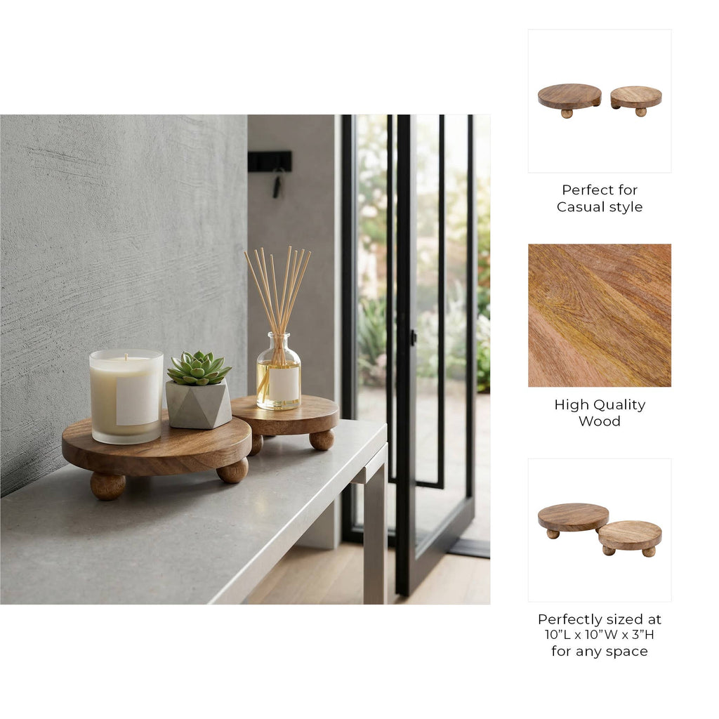 Mango Wood Round Riser Trays, Set of 2 - Brown, 8/10 in.