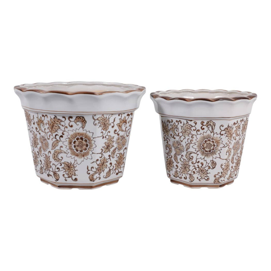 Plant Pot Set of 2 - Brown Ceramic Round Chinoiserie, 10/12 in
