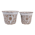 Plant Pot Set of 2 - Brown Ceramic Round Chinoiserie, 10/12 in