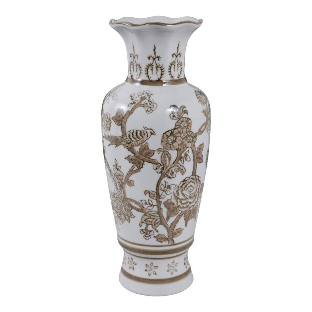 Decorative Vase - Brown/White Ceramic Bird and Vines, 12 in.