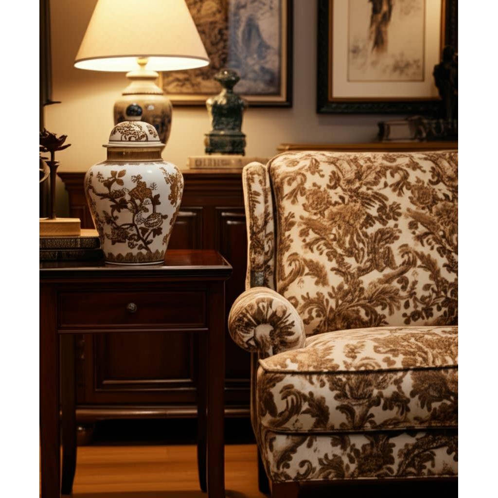 Temple Jar - Brown/White Ceramic Chinoiserie Bird, 12 in.