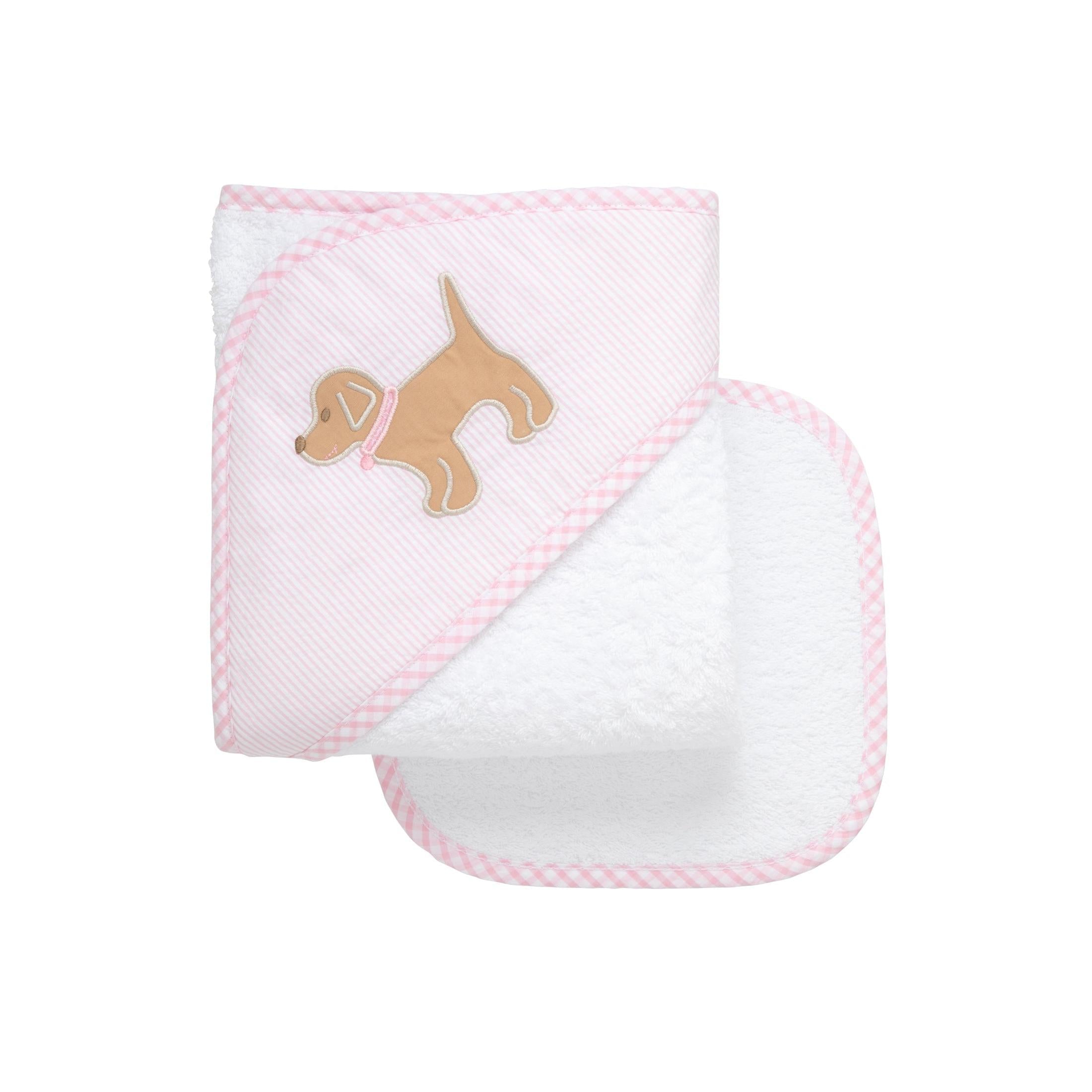 Puppy Applique Hooded Towel & Washcloth Set, Pink