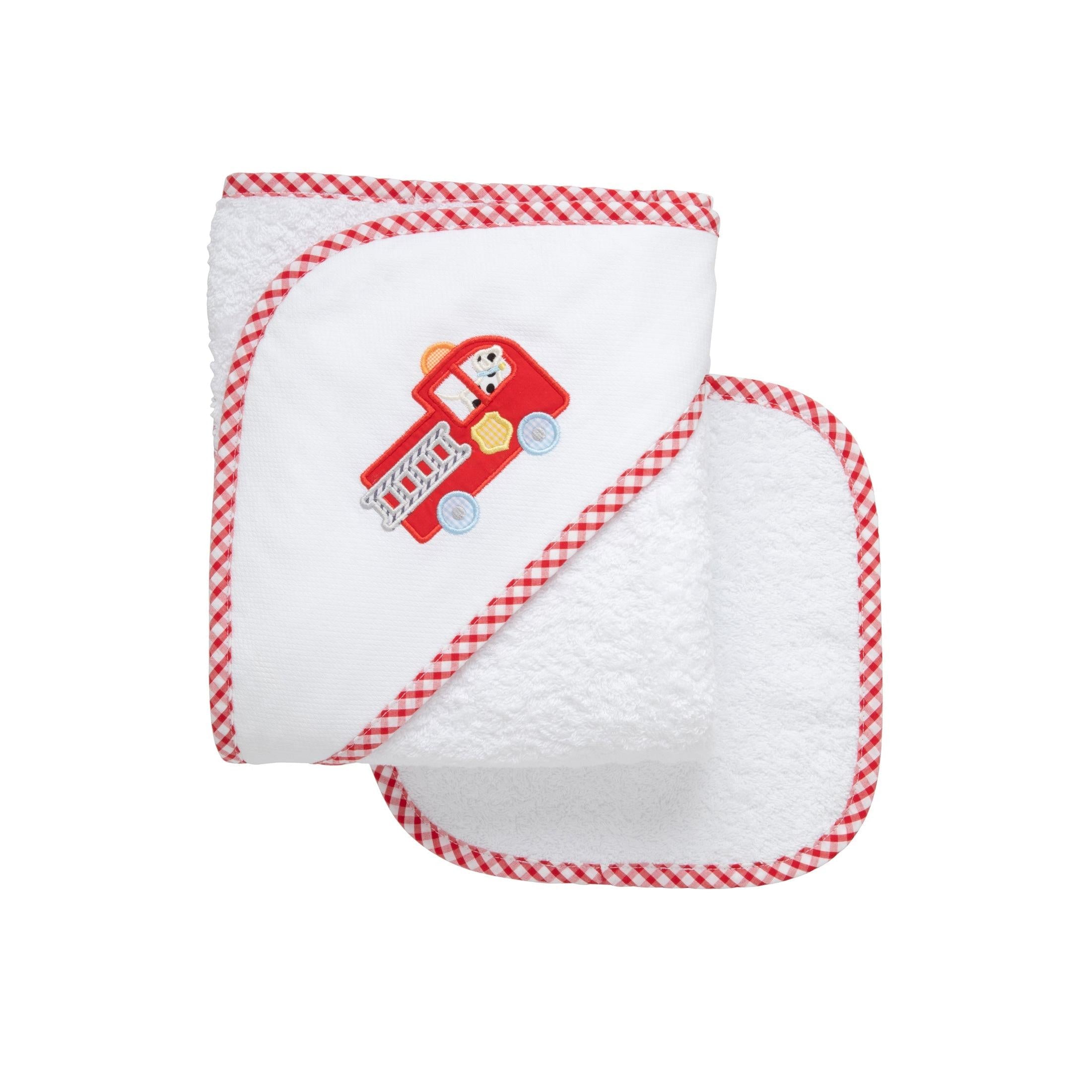 Fire Truck Applique Hooded Towel & Washcloth Set