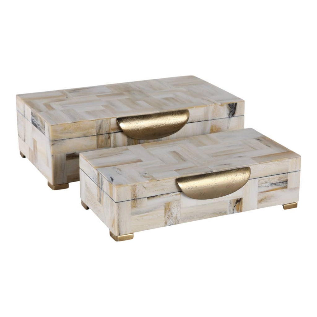 Decorative Boxes Set of 2-Tan Resin Marbled Footed, 12/14 in
