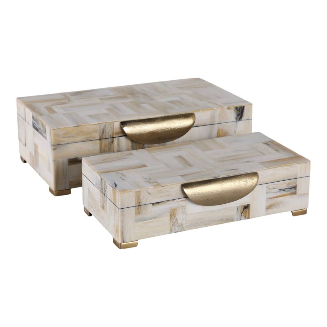 Decorative Boxes Set of 2-Tan Resin Marbled Footed, 12/14 in
