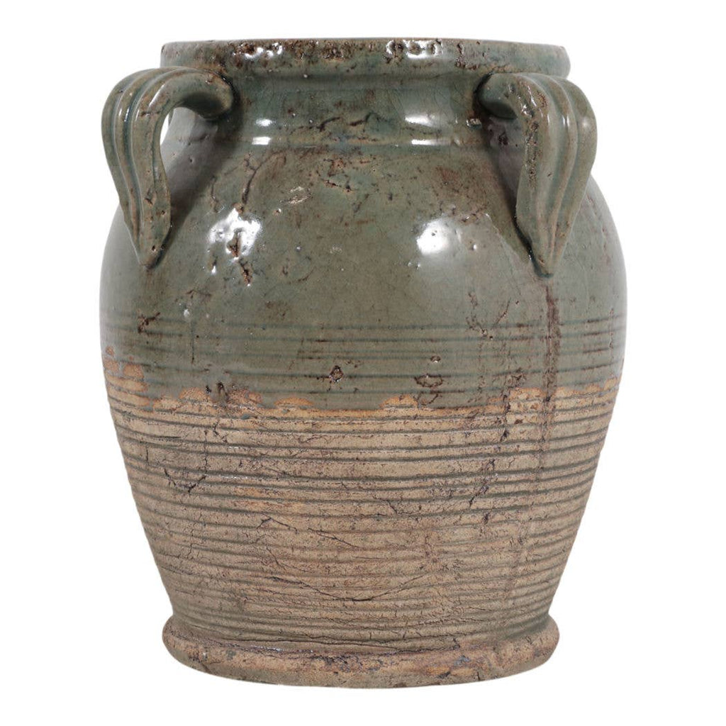 Decorative Vase - Green Ceramic Amphora with Handles, 9 in.