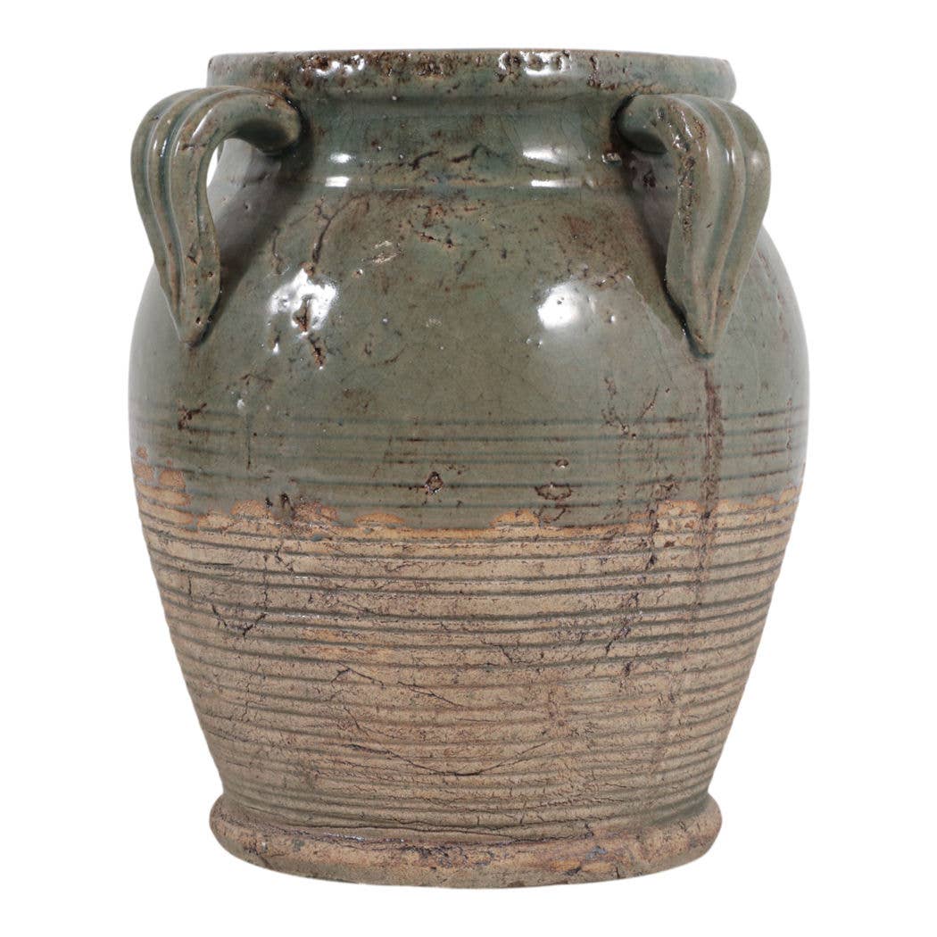 Decorative Vase - Green Ceramic Amphora with Handles, 9 in.