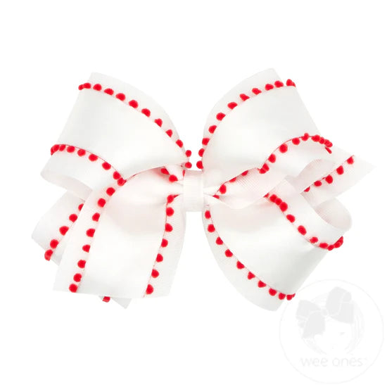 Medium Holiday Style Pom-Pom Edge Grosgrain Overlay Girls Hair Bow