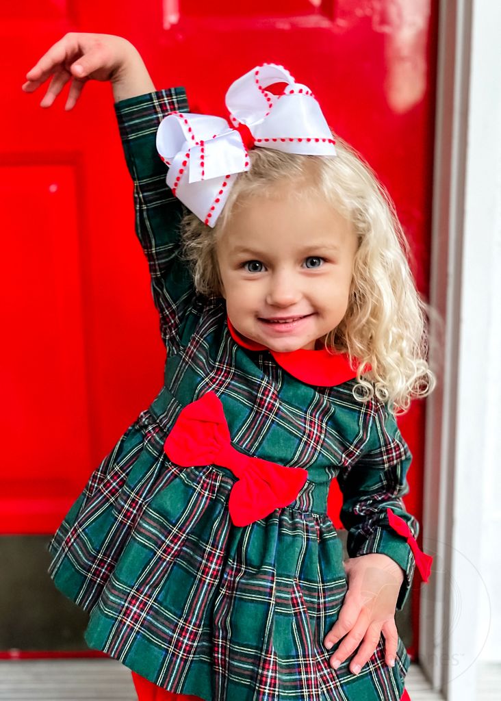 Medium Holiday Style Pom-Pom Edge Grosgrain Overlay Girls Hair Bow