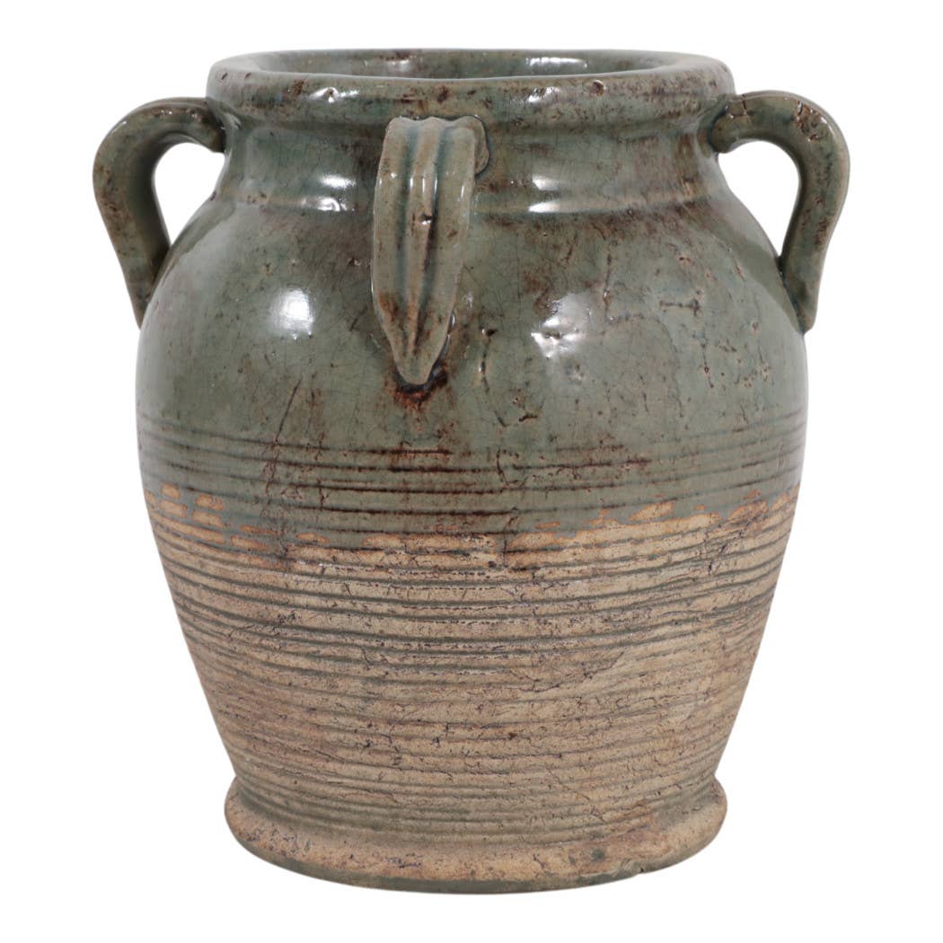 Decorative Vase - Green Ceramic Amphora with Handles, 9 in.