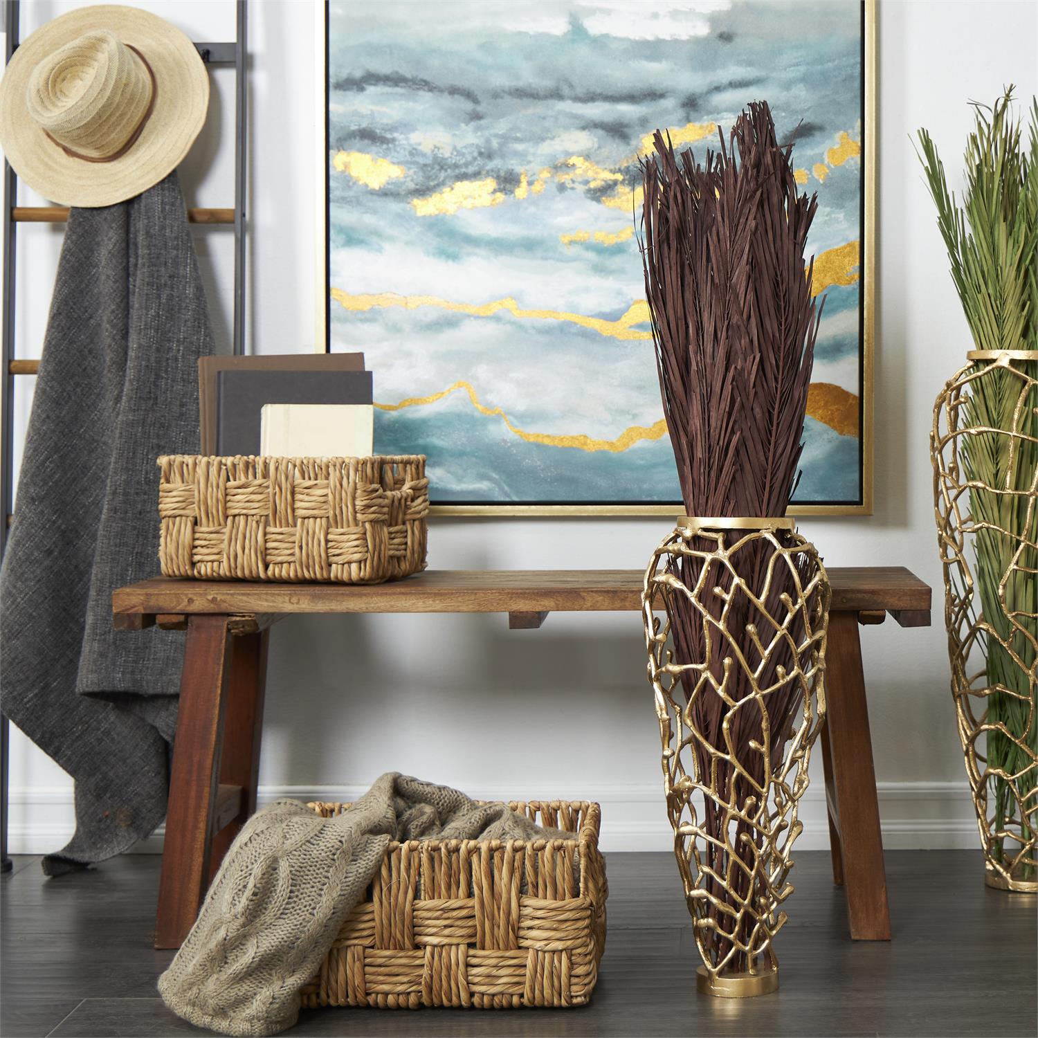 Dark Brown Dried Plant Palm Leaf Natural Foliage With Feather Inspired Stems