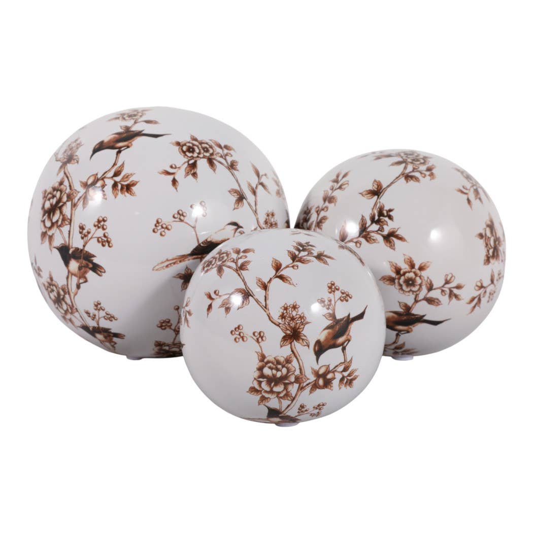 Objects Set of 3 - Brown/White Ceramic Birds Orbs, 4/5/6 in.
