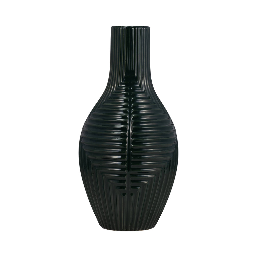 Forest Green Tribal Ribbed Ceramic Vase, 16 in.