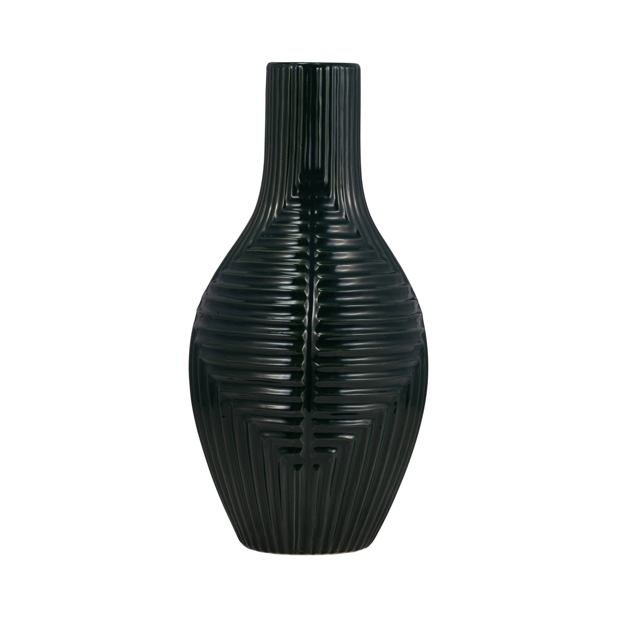 Forest Green Tribal Ribbed Ceramic Vase, 16 in.